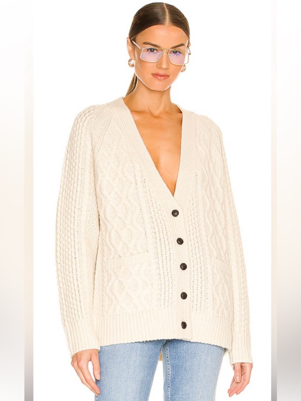 RE/DONE 90s Oversized Cable Knit Wool Cardigan Ecru S